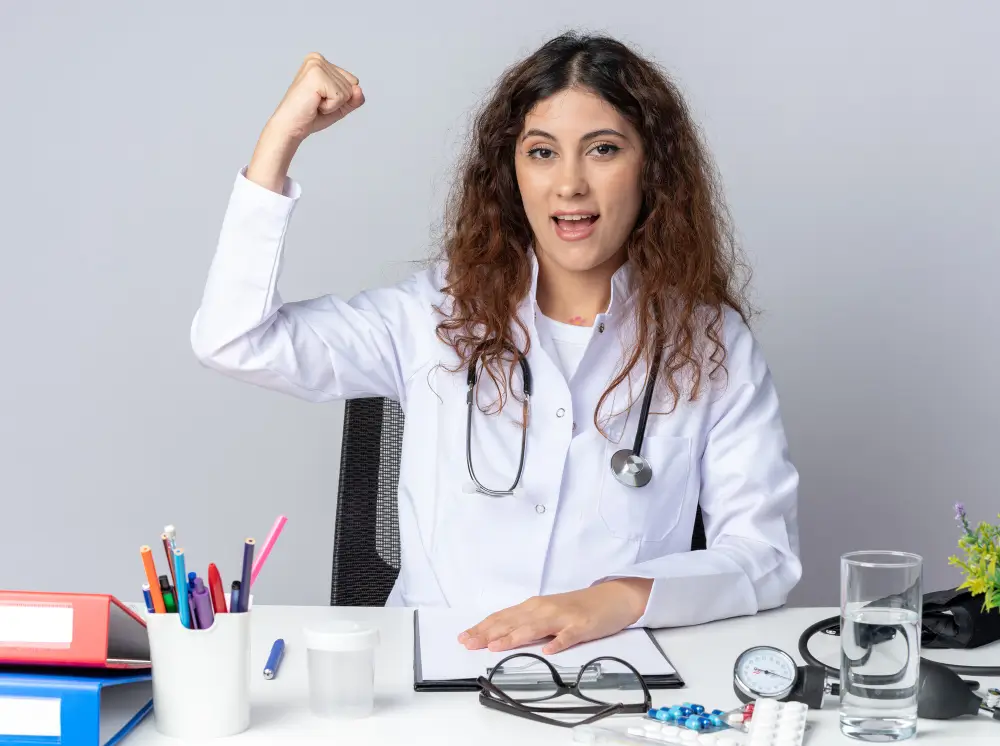 Female doctor celebrating success at desk with stethoscope